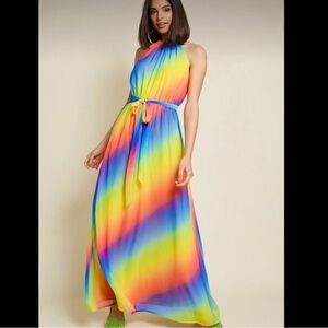 Modcloth Illuminate Elegance Chiffon Rainbow Halter Maxi Dress